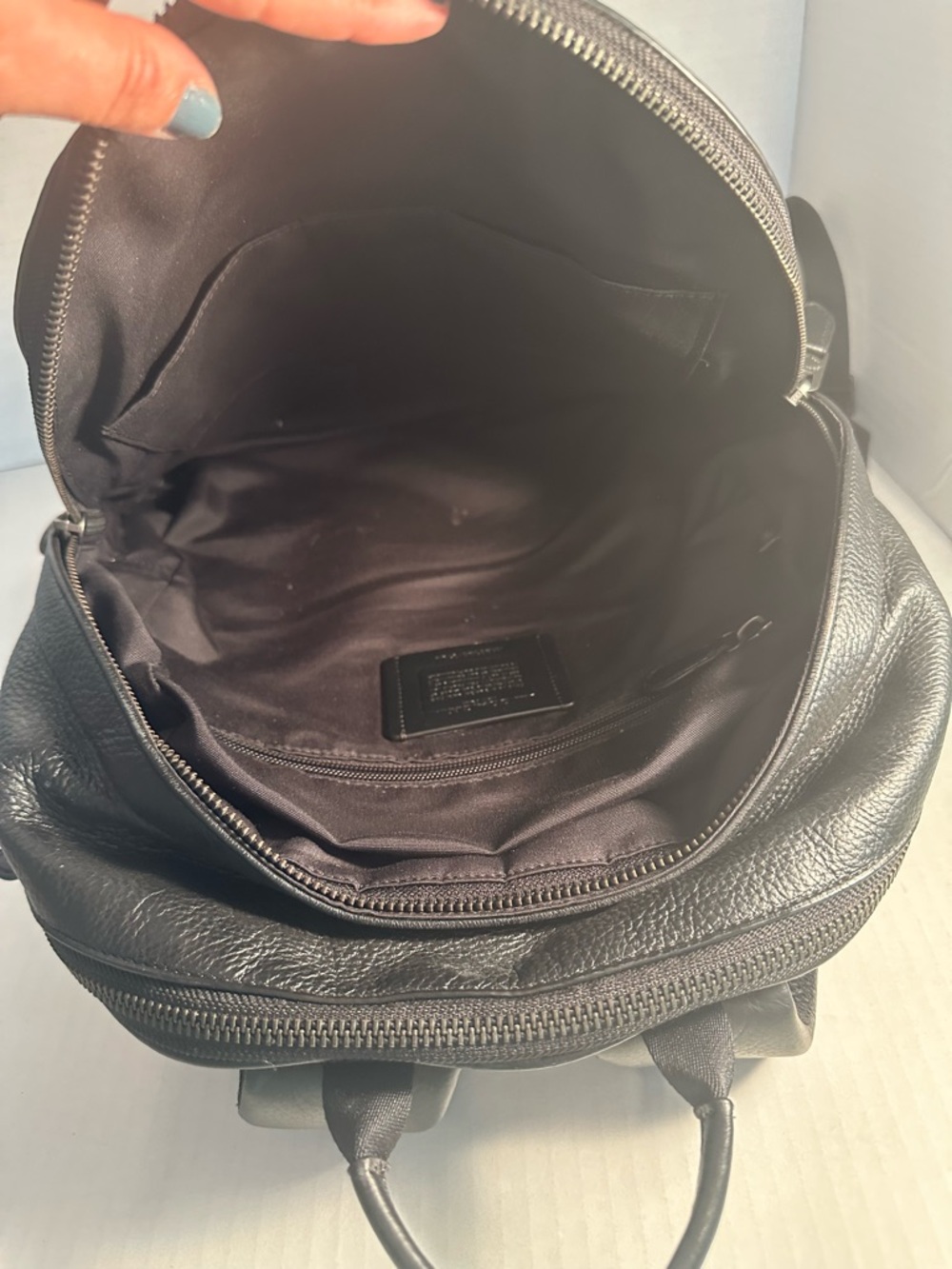 Coach Black Leather Backpack with Brown and Navy Stripe Detailing - Picture 12 of 16